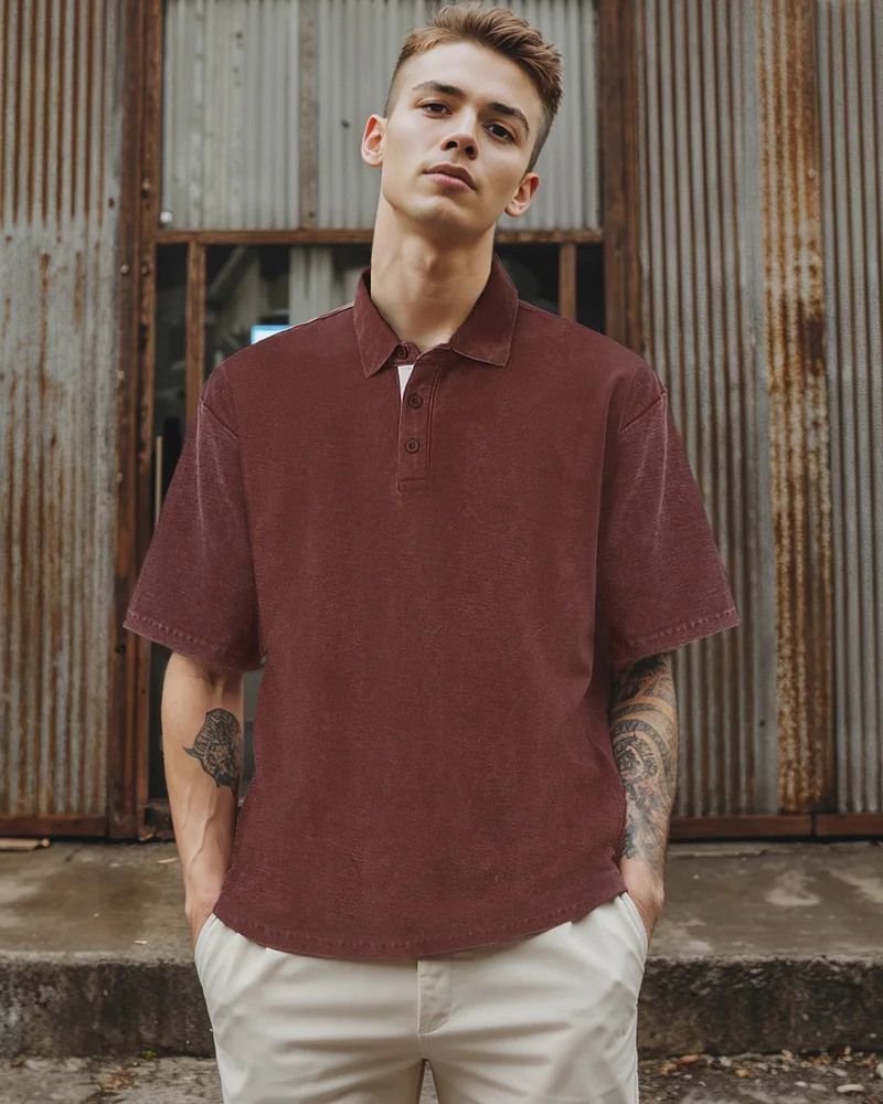 bewakoof Men's Brown Oversized Acid Wash Polo T-shirt